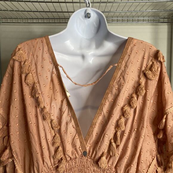 Z&L Women's Peach Tassel Boho Mini Dress Size XL Hippie Festival Indie Smocking - Picture 10 of 11